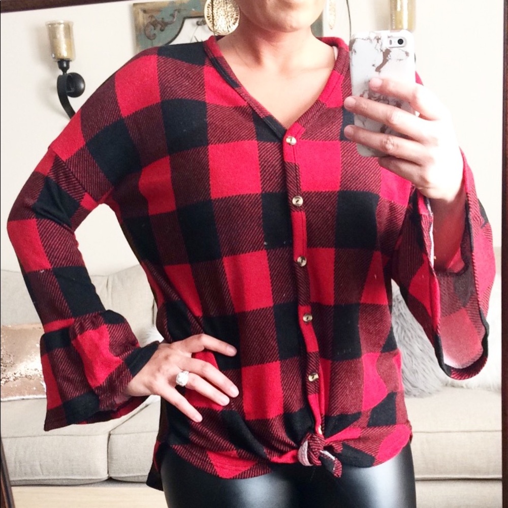 Buffalo plaid top with bell sleeves